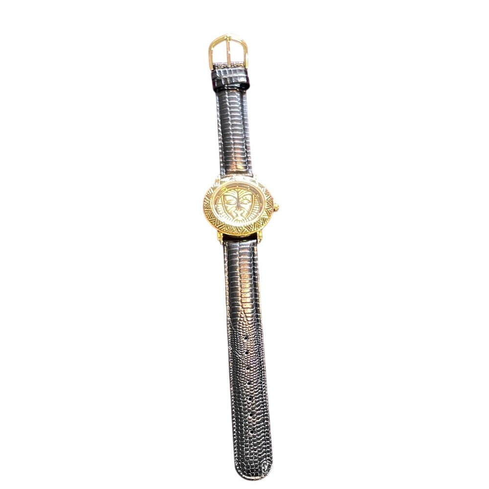 Avon Vintage Gold Tone Tribal Mask Watch Black Lizard Embossed Leather Band